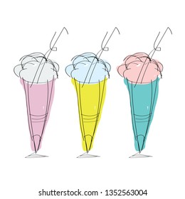 Set of bright colorful images of ice cream in glass cups. Cute vector Images. Doodle style