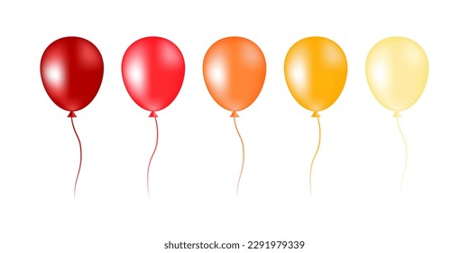 Set of bright colorful inflatable helium balloons  in red, orange, yellow colors. Illustration isolated on white background. Vector