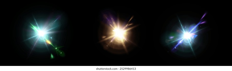 Set of bright colorful light effects of light laser. Futuristic glow effect for game interface design.