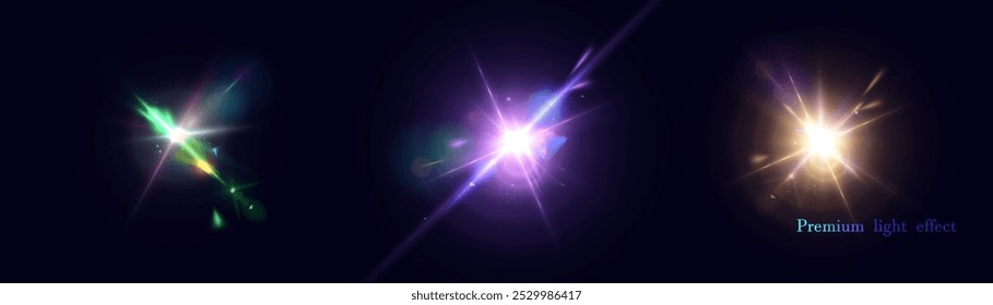 Set of bright colorful light effects of light laser. Futuristic glow effect for game interface design.