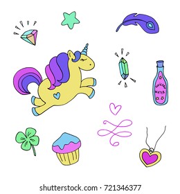 Set of bright and colorful magical things with cute unicorn. Isolated things from fairy tales. Vector illustration