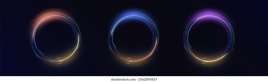 Set of bright colorful neon round rings on black background - vector shining circular rotating element for game interface design.