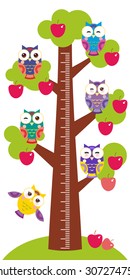 set bright colorful owls Big apple-tree with green leaves and red apples on white background Children height meter wall sticker, kids measure. Vector