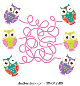 set bright colorful owls on white background. labyrinth game for Preschool Children. Vector