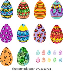 A set of bright colorful painted Easter eggs. Vector illustration in cartoon style.