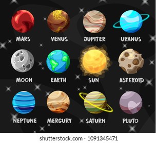 Set of bright colorful planets in Solar System. Moon, Sun and asteroid on space background. Flat cartoon collection of heavenly bodies. Vector illustration.