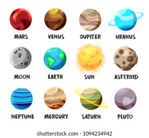 Set of bright colorful planets in Solar System. Moon, Sun and asteroid on white background. Flat cartoon collection of heavenly bodies. Vector illustration.