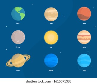 Set of bright and colorful planets in the solar system with space background - flat vector illustration.