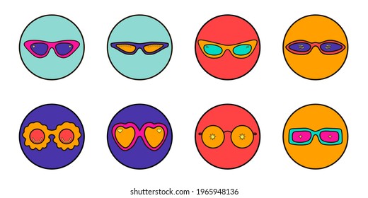 Set of bright colorful retro 90s summer sunglasses round stickers