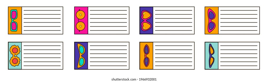 Set of bright colorful retro 90s summer sunglasses stickers for text