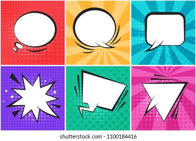 Set of bright colorful retro comic speech bubbles on dotted and striped backgrounds in pop art style. Funny thought balloons for comics book, advertisement text, web design, badge