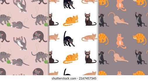 Set of Bright colorful Seamless pattern with Cute Cartoon Cats on pastel colors background. Flat Art Vector illustration
