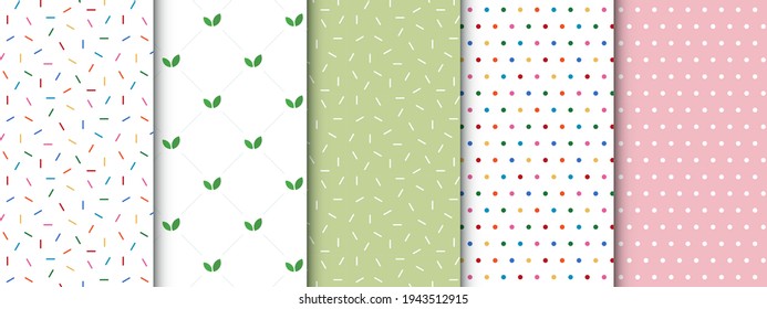 Set of bright colorful seamless patterns of confetti sprinkles, leaves and polka dots. Collection of minimal cheerful vector backgrounds