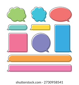 Set of bright colorful speech bubbles with clear black outline in different shapes for messages, chats and dialogs. Vector, scalable without quality loss