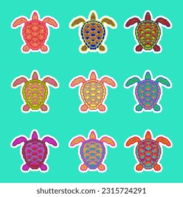 un conjunto de pegatinas coloridas y luminosas con la imagen de las tortugas marinas