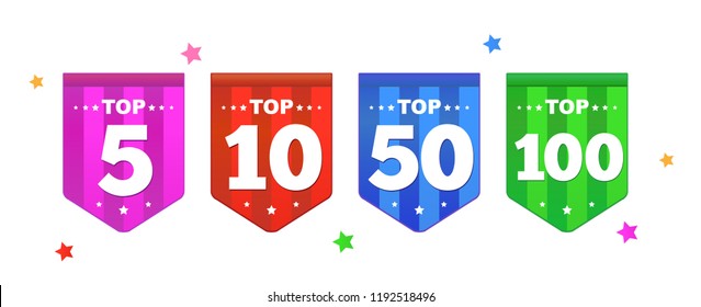 Set of bright colorful stickers Top 100, 5, 10, 50 with smile.  Symbol of achieved victory. Vector illustration in a flat style.