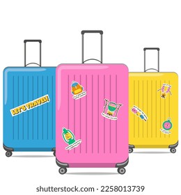 Set of bright colorful suitcases. Travel bag isolated on white background. Vector Illustration. Fun travel stickers. Fun quotes, phrases about hicking. Pink, yellow, blue luggage.