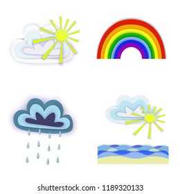 Set Bright colorful summer background, vector rainbow, sun and cloud, sea, cloud and rain, poster or banner, paper cut style 