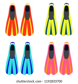 A set of bright colorful swimming flippers. Diving flippers. Swimming flippers. Vector illustration. EPS 10.