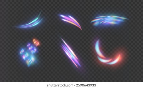 Set of bright colorful vector glare and transparent light refraction effects. Vector illustration.