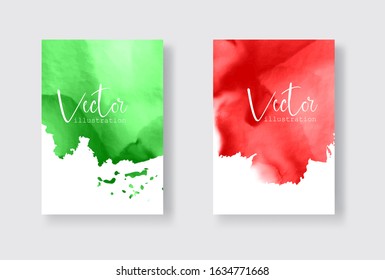 Set of bright colorful vector green red watercolor background. Abstract illustration