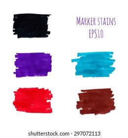 Set of bright colorful vector marker stains: black, violet, red, turquoise and brown colors. Handdrawn design elements.