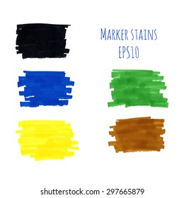 Set of bright colorful vector marker stains: blue, brown, yellow, black and green colors. Handdrawn design elements.