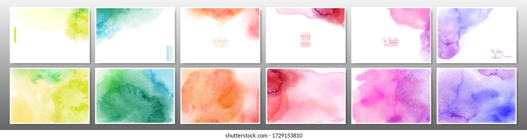 Set of bright colorful watercolor background. Stain artistic hand-painted vector, template design for banner, poster, card, cover, brochure.