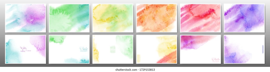 Set of bright colorful watercolor background. Stain artistic hand-painted vector, template design for banner, poster, card, cover, brochure.