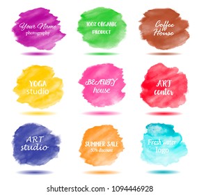 Set bright colorful - watercolor vector circle stain isolated on white background with realistic paper watercolor texture. Aquarelle vibrant spot. Blur wash drawing design element with shadow.