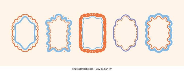 
Set of Bright Colorful Wavy Frames with Dotted and Curved Borders. Stamp Inspired Hand Drawn Mediterranean Ornament Borders. Flat Vector Illustration Isolated on Light 