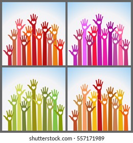 Set of bright colors colorful caring up hands hearts vector logo design element. Volunteers hands up with heart emblem icon for education, health care, medical, volunteer, vote.