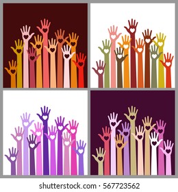 Set of bright colors colorful caring up hands hearts vector logo design element. Volunteers hands up with heart emblem icon for education, health care, medical, volunteer, vote.