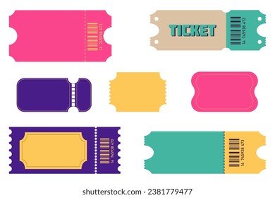 Set in bright colors of seven blank tickets. Violet-beige-pink-blue-yellow ticket mockups for circus, concert, certificate, boarding, lottery, movie and coupon. Vector illustration