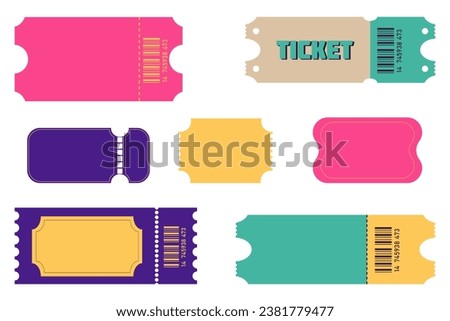 Set in bright colors of seven blank tickets. Violet-beige-pink-blue-yellow ticket mockups for circus, concert, certificate, boarding, lottery, movie and coupon. Vector illustration