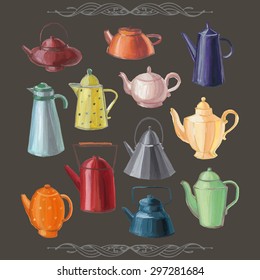 Set from the bright colors teapots of a different form drawn with  paints. It is drawn by hand. Vector illustration.