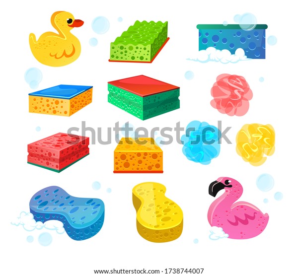 Set of bright colourful sponges for bath wash\
vector illustration. Various shapes and types of loofah cartoon\
design. Cute yellow duck and pink flamingo. Hygiene equipment\
concept. Isolated on white