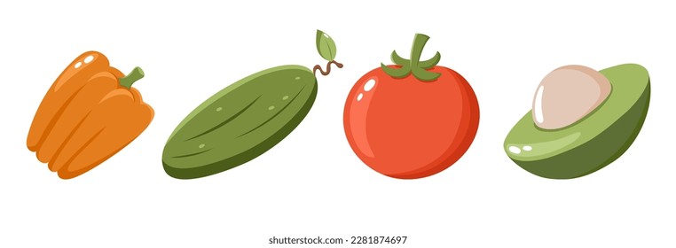 Conjunto de verduras de colores vivos. Jardinería y cosecha. Aguacate, tomate, pepino, pimienta. Ilustración vectorial al estilo de las caricaturas.