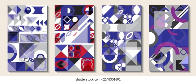 Set of bright contrasting geometric abstract templates for text placement. Blue, blueberry, purple, red colors shapes. Use as wallpapers, backgrounds, covers, for printing products, banners, promotion