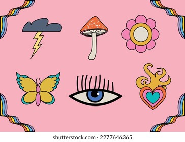 set of bright cool cartoon psychedelic rainbow stickers - 70s-80s hippie floral style. Frame, template, background, social networks, decoration. Vintage vector illustration.