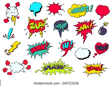 Set of bright cool and dynamic comic speech bubbles for different emotions and sound effects svg