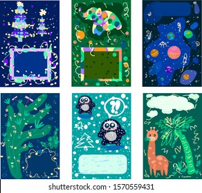 Set of bright covers and cards with animals and plants.
