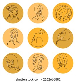 Conjunto de cubiertas brillantes. Diseños vectoriales modernos con caras, iconos, formas y texturas de chicas abstractas dibujadas a mano. Antecedentes abstractos. Diseño de moda para el marketing en medios sociales.