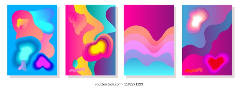 Set of bright covers with wavy fluid shapes. Template for books, cards, banners, posters. Minimalistic design with color gradients. Purple, blue.