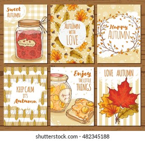 set of bright and cozy autumn cards; vector illustration; beautiful fall posters with homemade jam jars, leaves, wreath frame, wheat; hand drawn cute sketch style for poster, postcard, notebook cover
