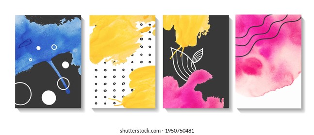 eine Reihe heller kreativer Plakate mit bunten Aquarellfarben. Seitenvorlagen abdecken. Allgemeine abstrakte Layouts. Gilt für Notebooks, Planer, Broschüren, Bücher, Kataloge usw.