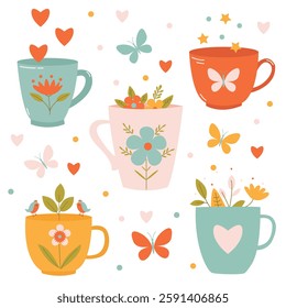 Set with bright cups with flowers, butterflies and hearts for spring
