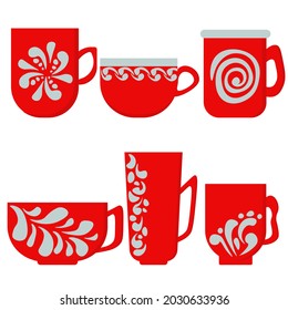 Conjunto de tazas y tazas brillantes, bebida caliente en una acogedora ilustración vectorial de utensilios estampados