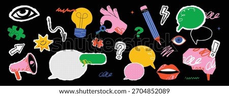 A set of bright cut out design elements. Eye, arrows, light bulb, megaphone, speech bubbles, pencil, brain, lightning, lips, question mark, squiggles. Collage-style torn figures.
