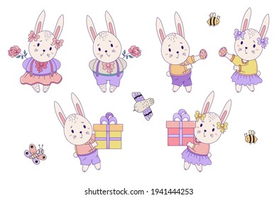 Set of bright cute animals - Easter bunnies. Rabbits - a girl and a boy with a large gift box, an Easter egg and a flower. Vector illustration. Isolated. For design Happy Easter